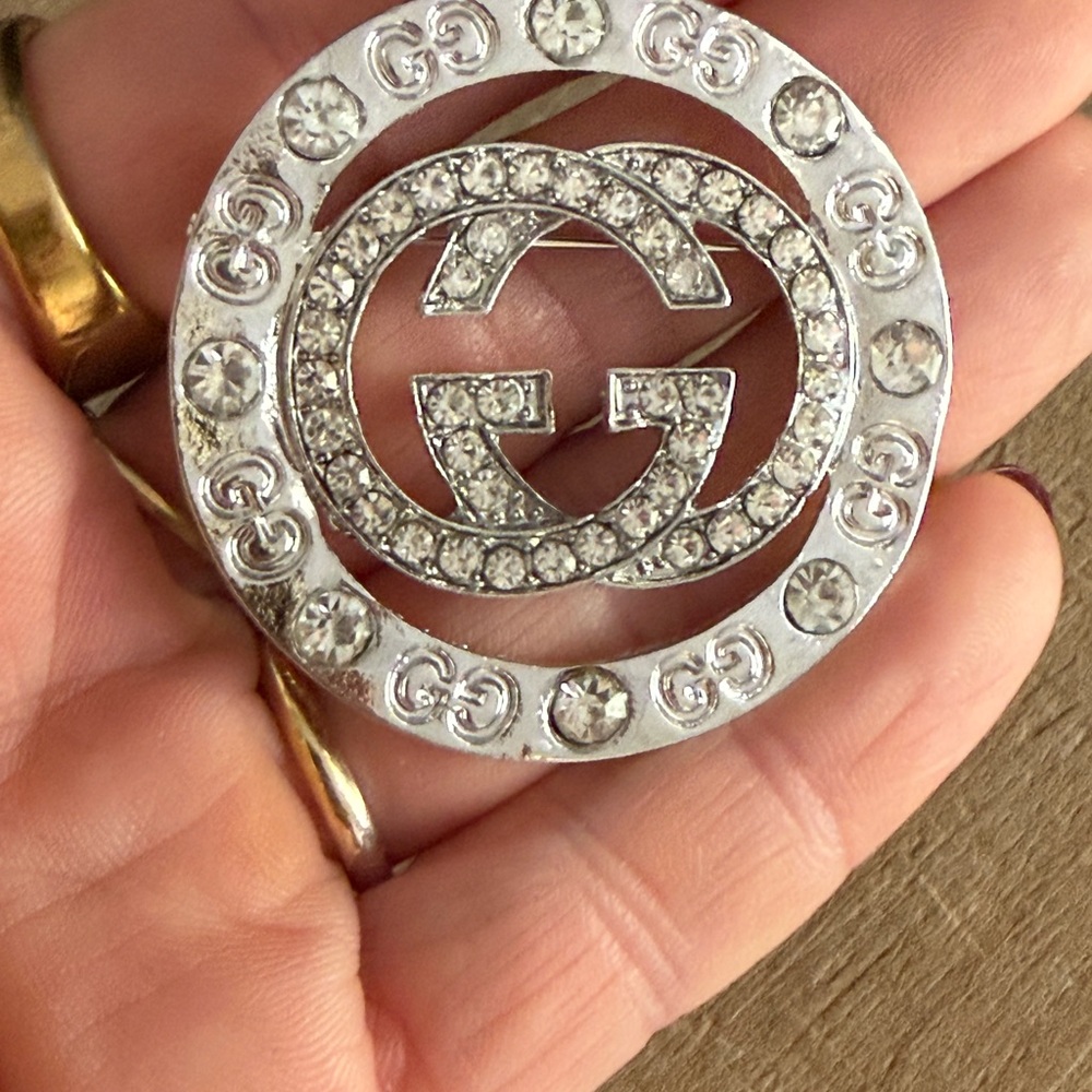 Crystal Double G Style Circle Brooch – Silver Tone Rhinestone Statement Pin - Picture 5 of 5